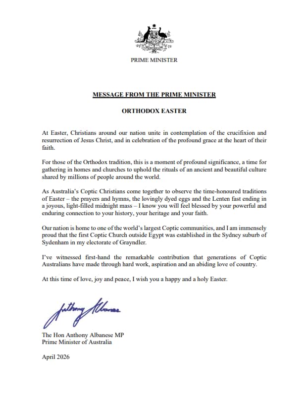  Prime Minister's Message for Coptic Orthodox Easter 2026