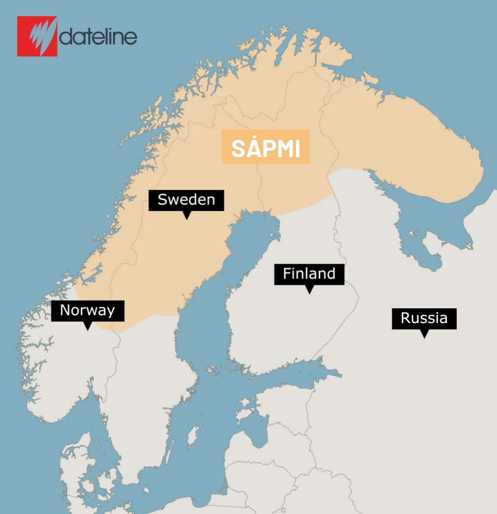 A map showing the Sapmi region, which spans across northern parts of Norway, Sweden, Finland and Russia