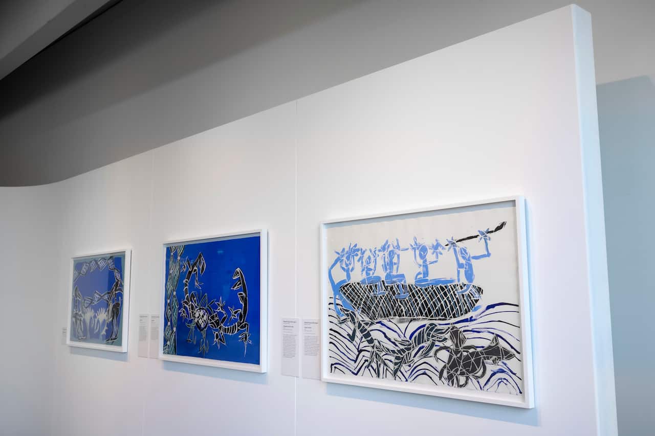 The Earth Is Blue exhibition by Dhambit Munungurr at the Australian Embassy in Paris.