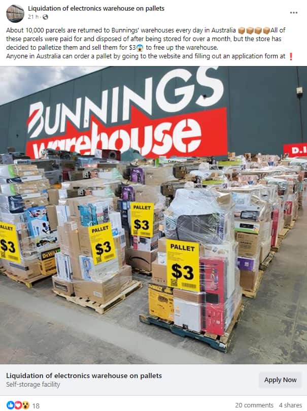 A screenshot of a Facebook post about a sale at Bunnings Warehouse