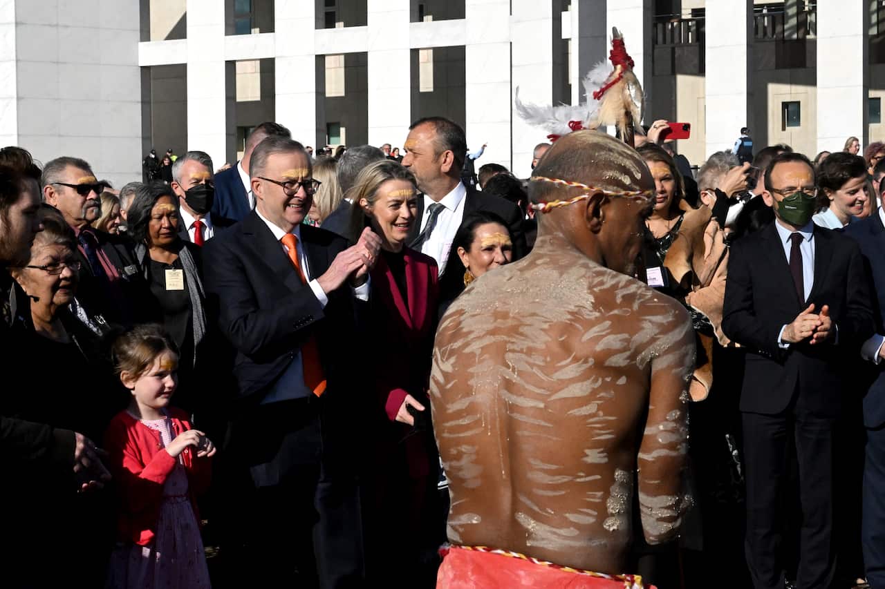 Anthony Albanese at a Welcome to Country ceremony ahead of parliament.  