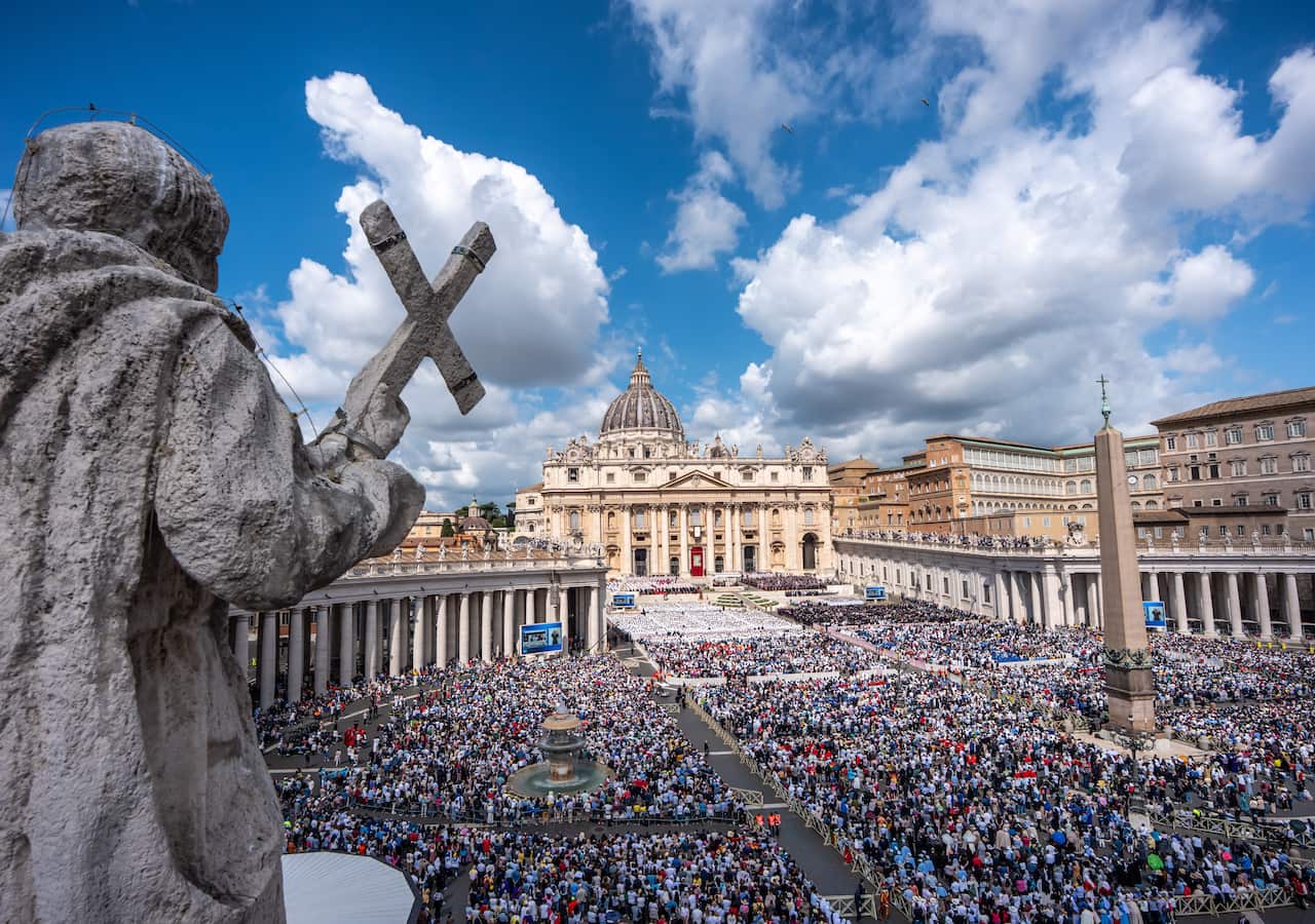 The new Pope Leo XIV stands in St. Peter's Square at his inauguration.
