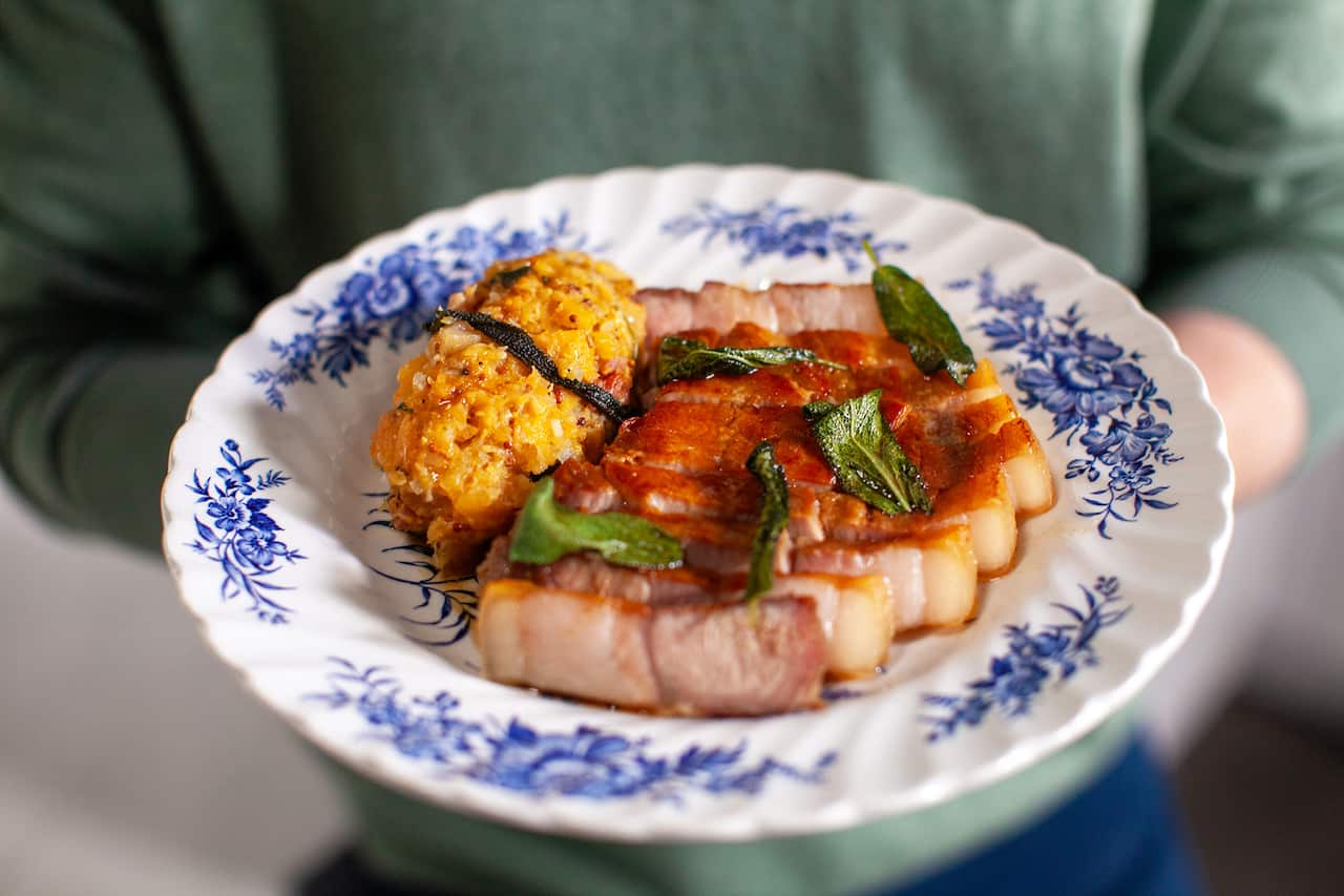 Pork chops with swede, mustard and sage.