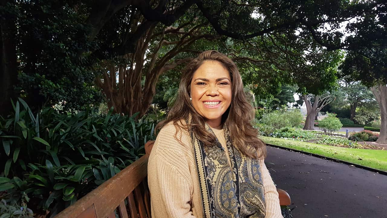 Northern Territory Country Liberal Senator Jacinta Nampijimpa Price is pictured speaking to SBS News. 