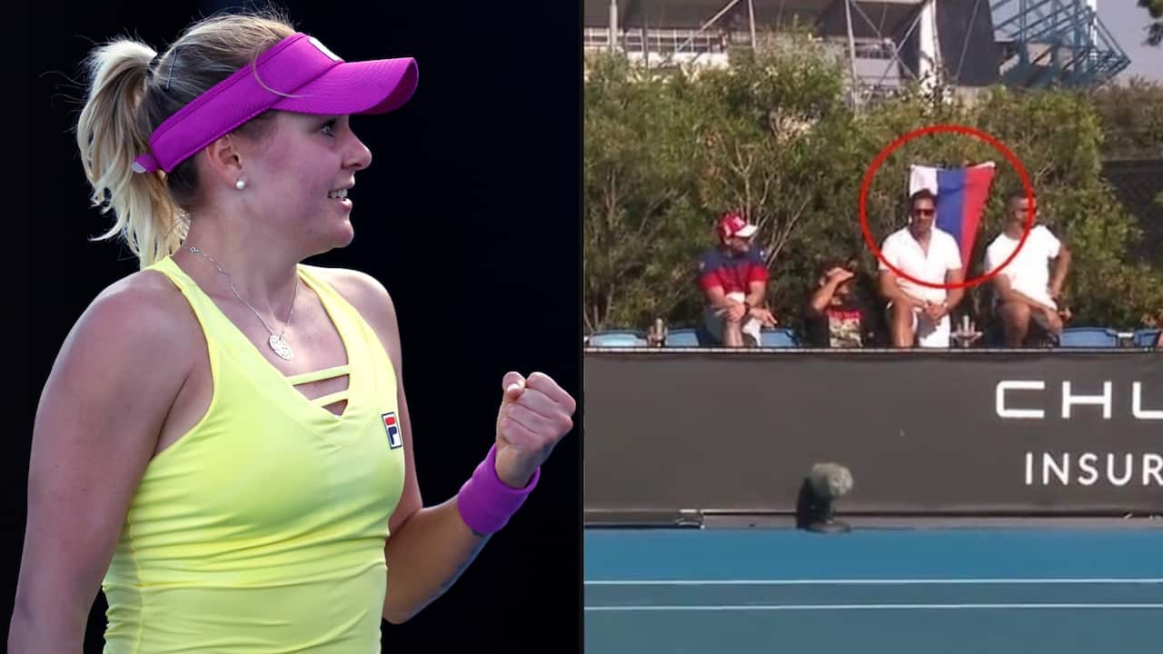 Composite image of Kateryna Baindl and a spectator at tennis court holding up Russian flag