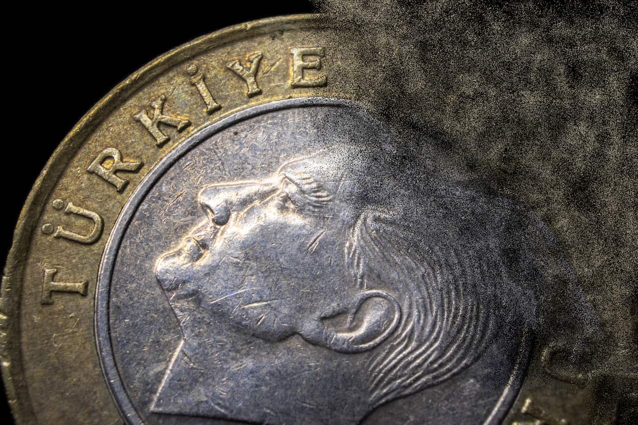 A one Turkish Lira coin.