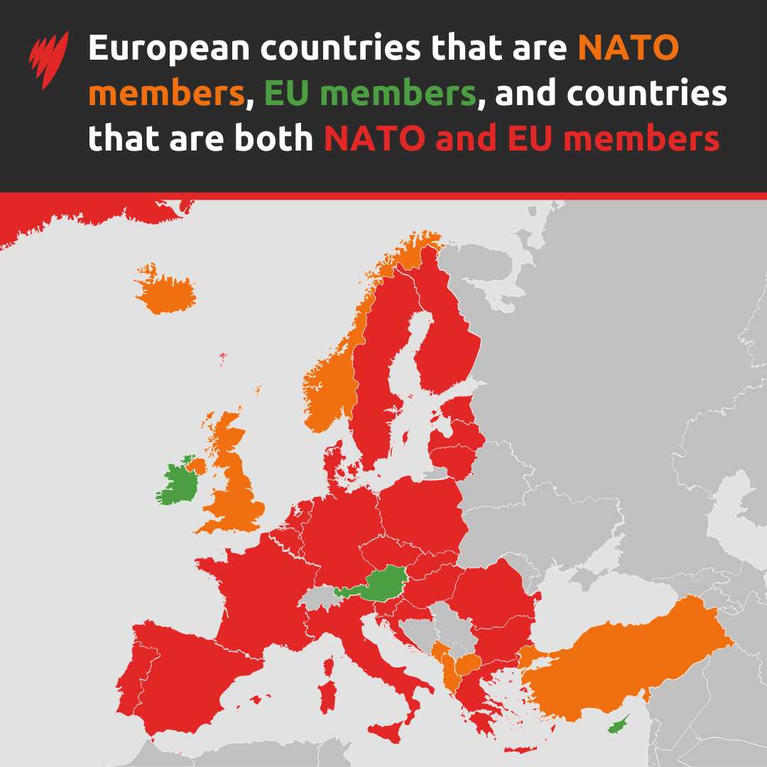 Map depicting European member states of NATO, the European Union and both. 