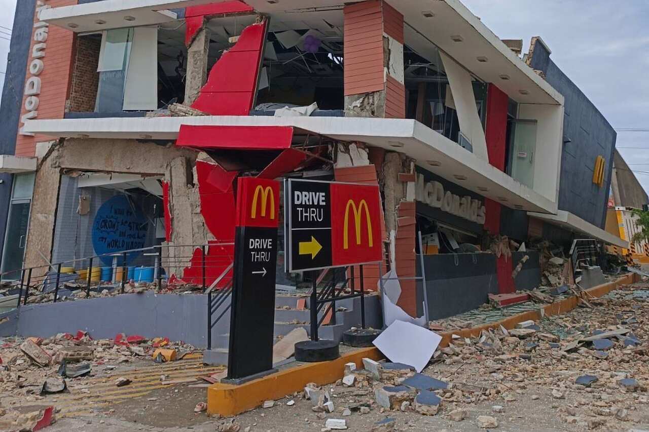 A damaged McDonald's store following an earthquake.