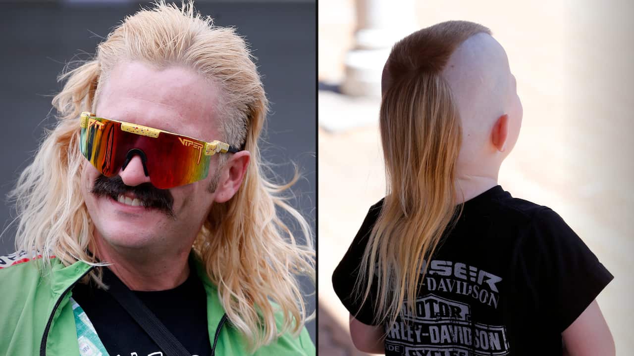A composite photo featuring a man wearing bright goggles and sporting a mullet hairstyle on the left. On the right is the back of a child's head, with a long tuft of hair and sides shaved.