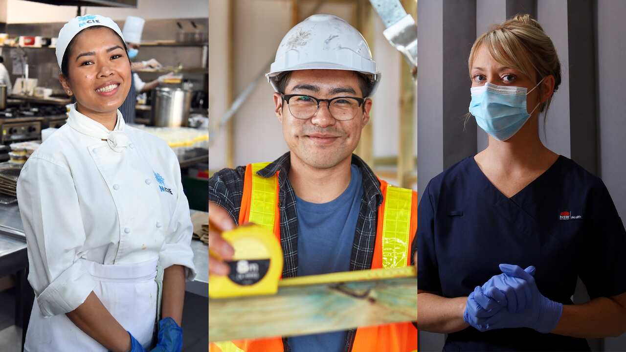A three-split image of a chef, a construction worker and a nurse. 