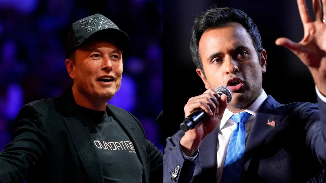 A composite image of Elon MUsk and Vivek Ramaswamy.