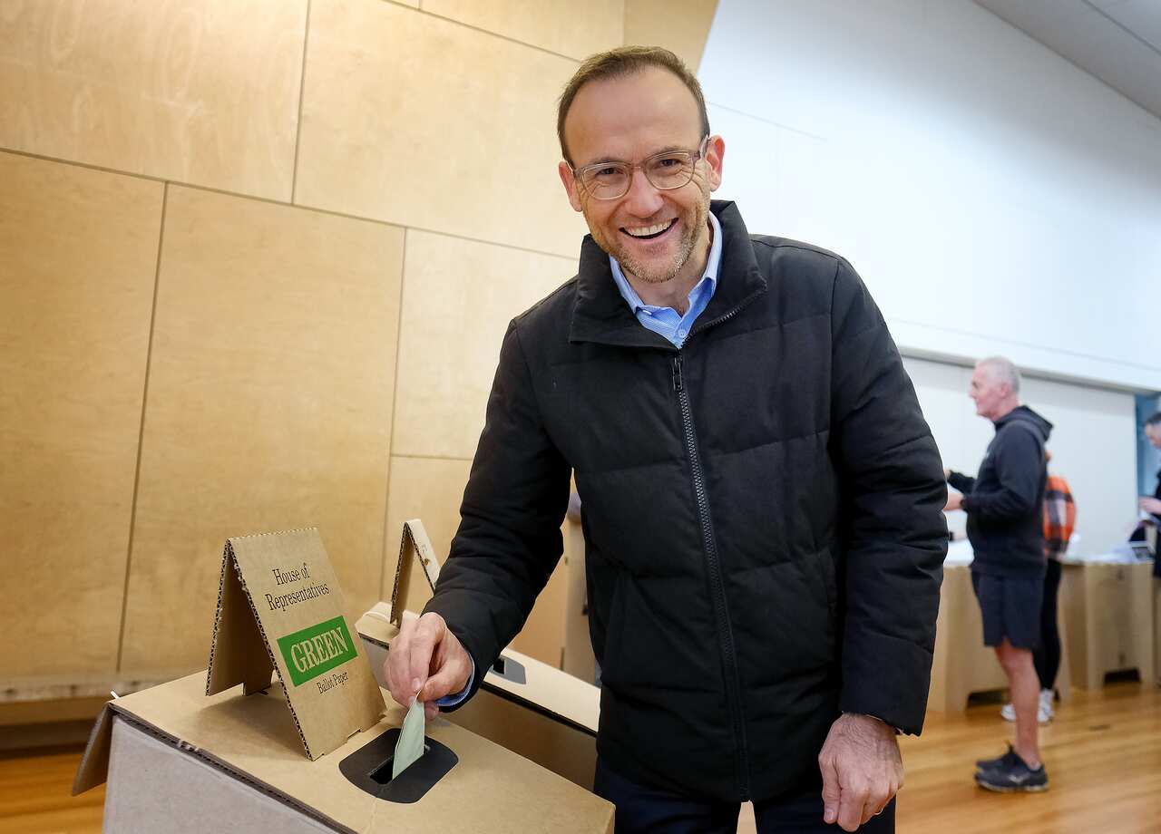 Greens Leader Adam Bandt is seen voting on Federal Election day, in the seat of Melbourne on Saturday, May 21, 2022.