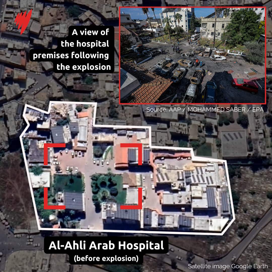 A graphic depicting a hospital before and after an explosion.