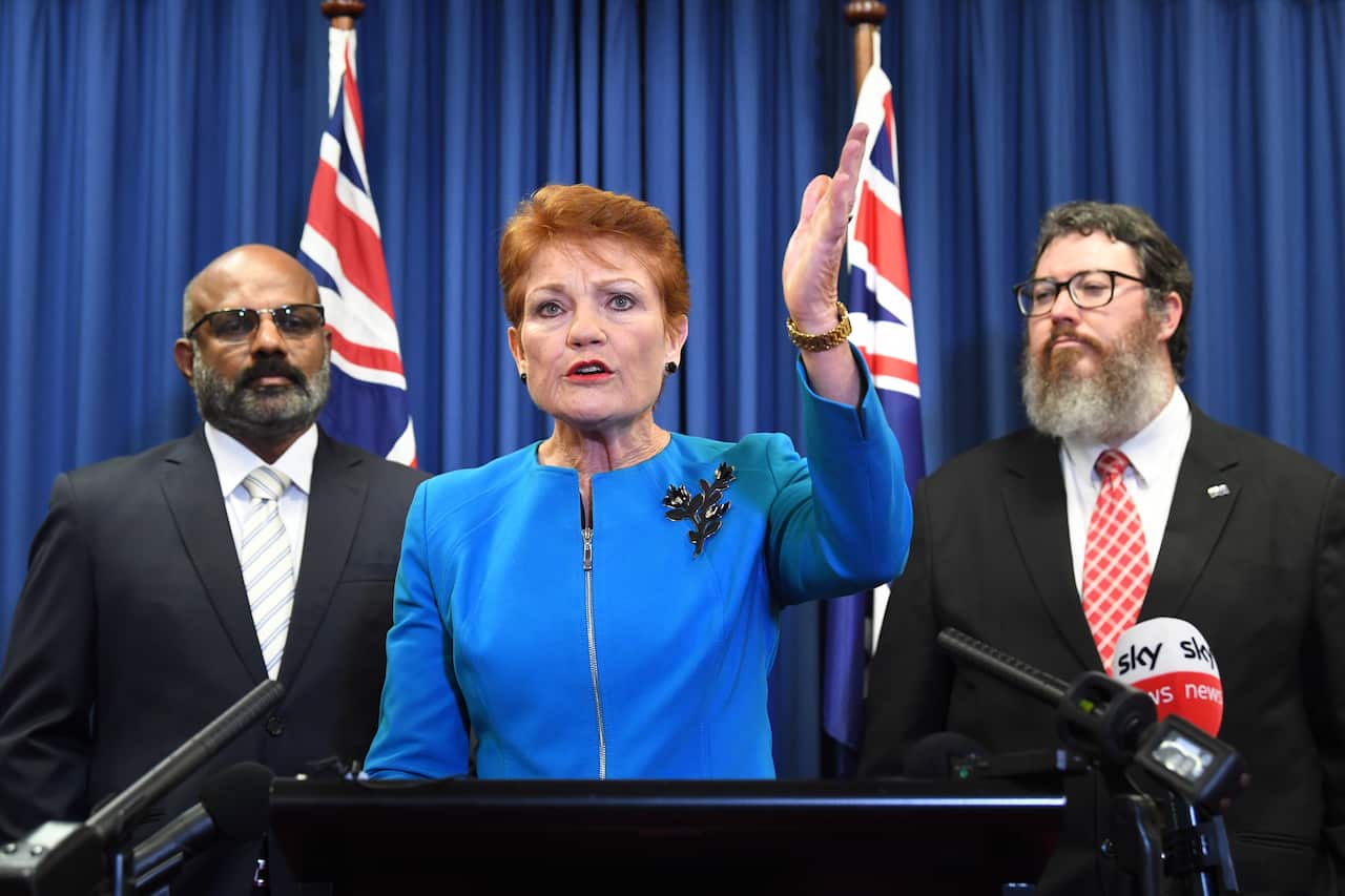 One Nation leader, Senator Pauline Hanson (centre) with her Senate candidates Raj Guruswamy (left) and George Christensen (right) during a press conference in Brisbane