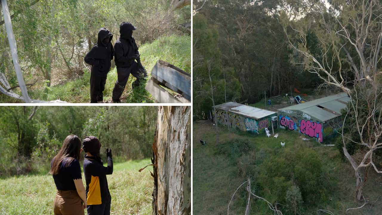 A collage of people walking in the bush.