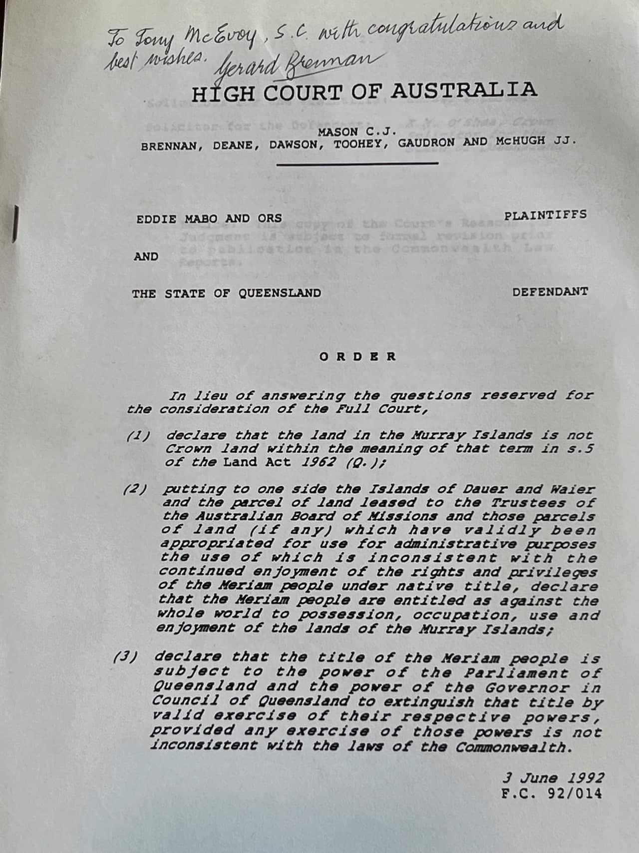 A copy of the High Court of Australia 3 June 1992 Mabo ruling. 