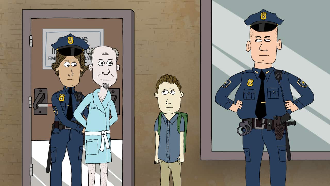 An animated scene shows a man in a bathrobe standing in a doorway, with a policeman behind him who appears to be cuffing the mans hands. A boy in a backpack and a policeman stand outside the doorway. 