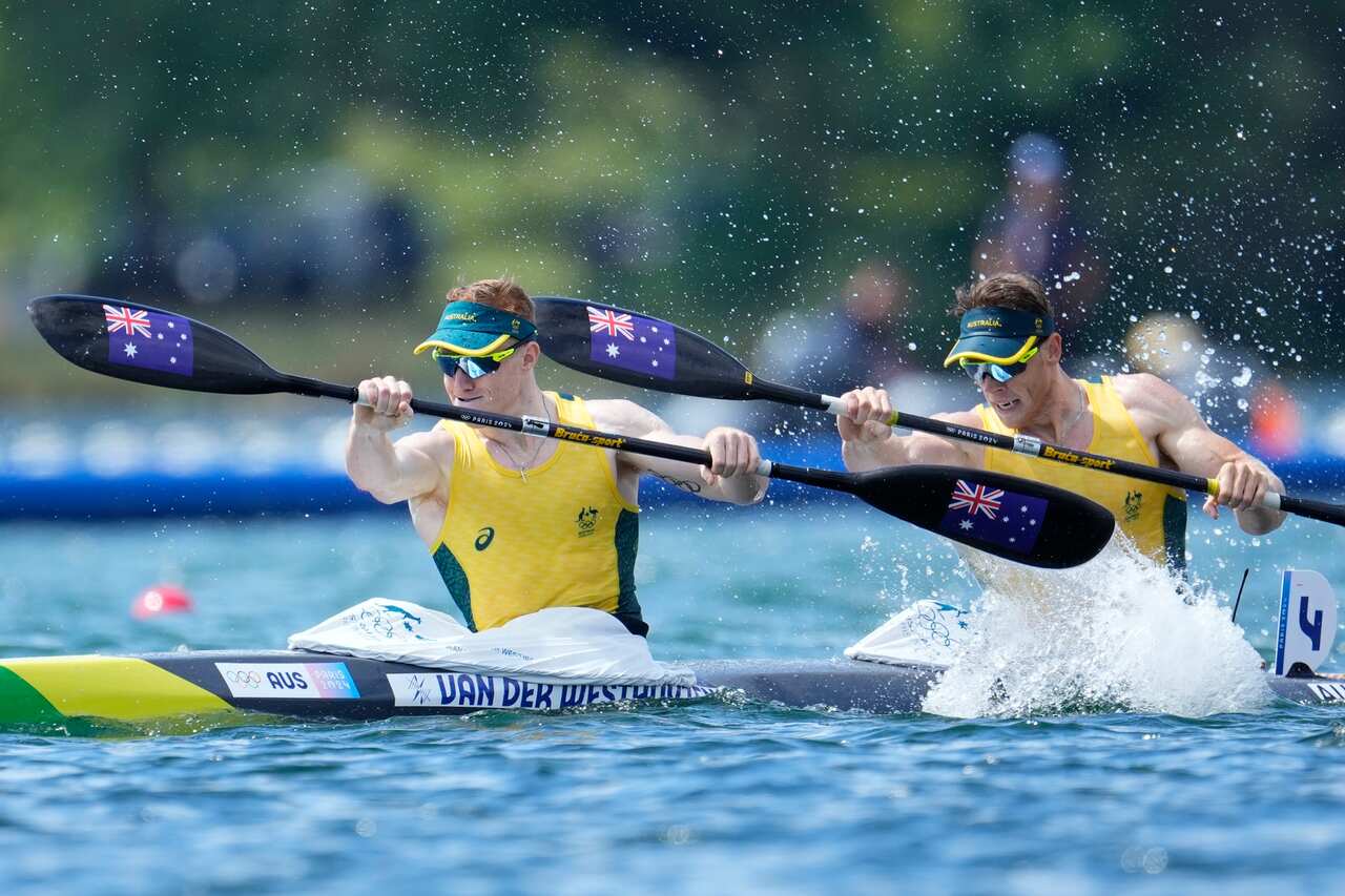 Australia's Thomas Green and Jean van der Westhuyzen competing in the men's kayak double 500-meter finals.