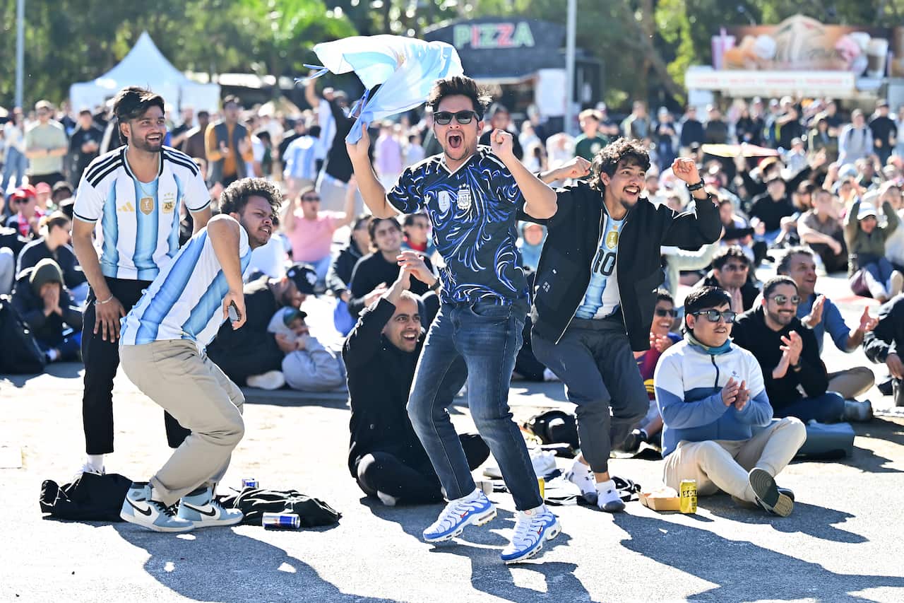 Fans At The Tumbalong Park Live Site In Sydney Watch The FIFA World Cup