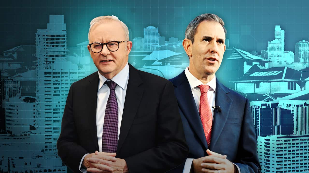 A stylised image of Anthony Albanese and Jim Chalmers with high-rise buildings and houses in the background.