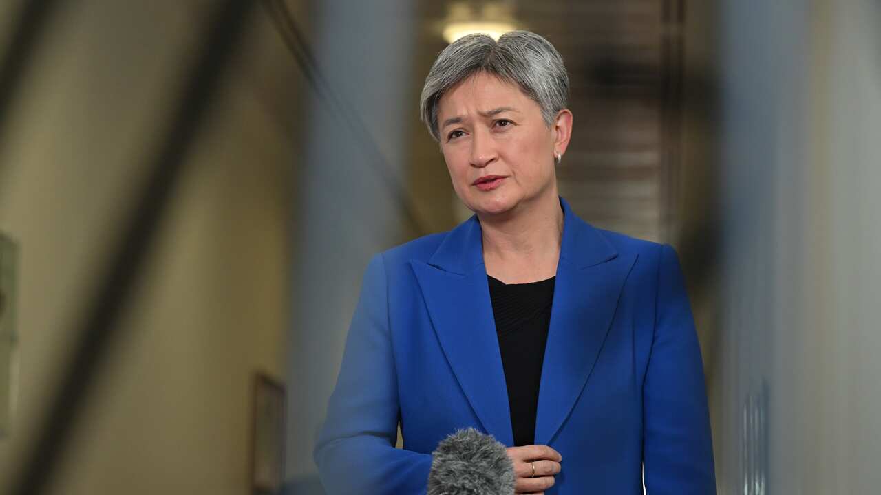 Foreign Minister Penny Wong speaking to media.