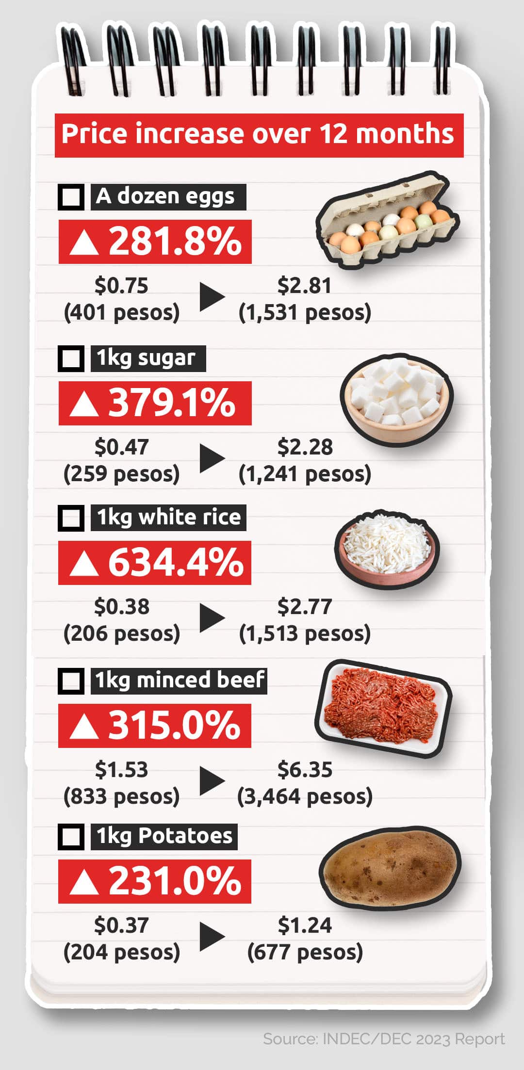 A food shopping list showing the price increase of five every day items in Argentina - pictured: eggs, sugar, rice minced beef and potatoes.