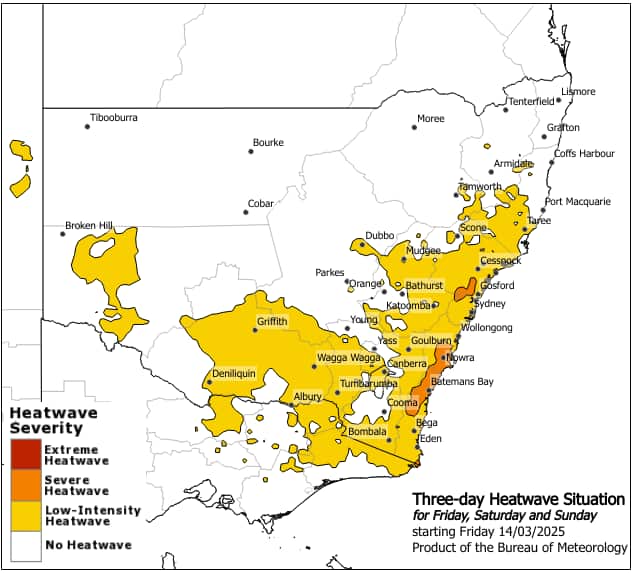 Yellow and orange colours on a map of NSW.