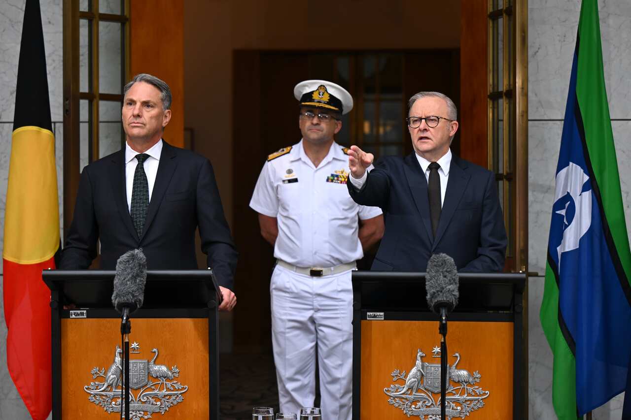 Australian Prime Minister Anthony Albanese and Australian Defence Minister Richard Marles speak to the media