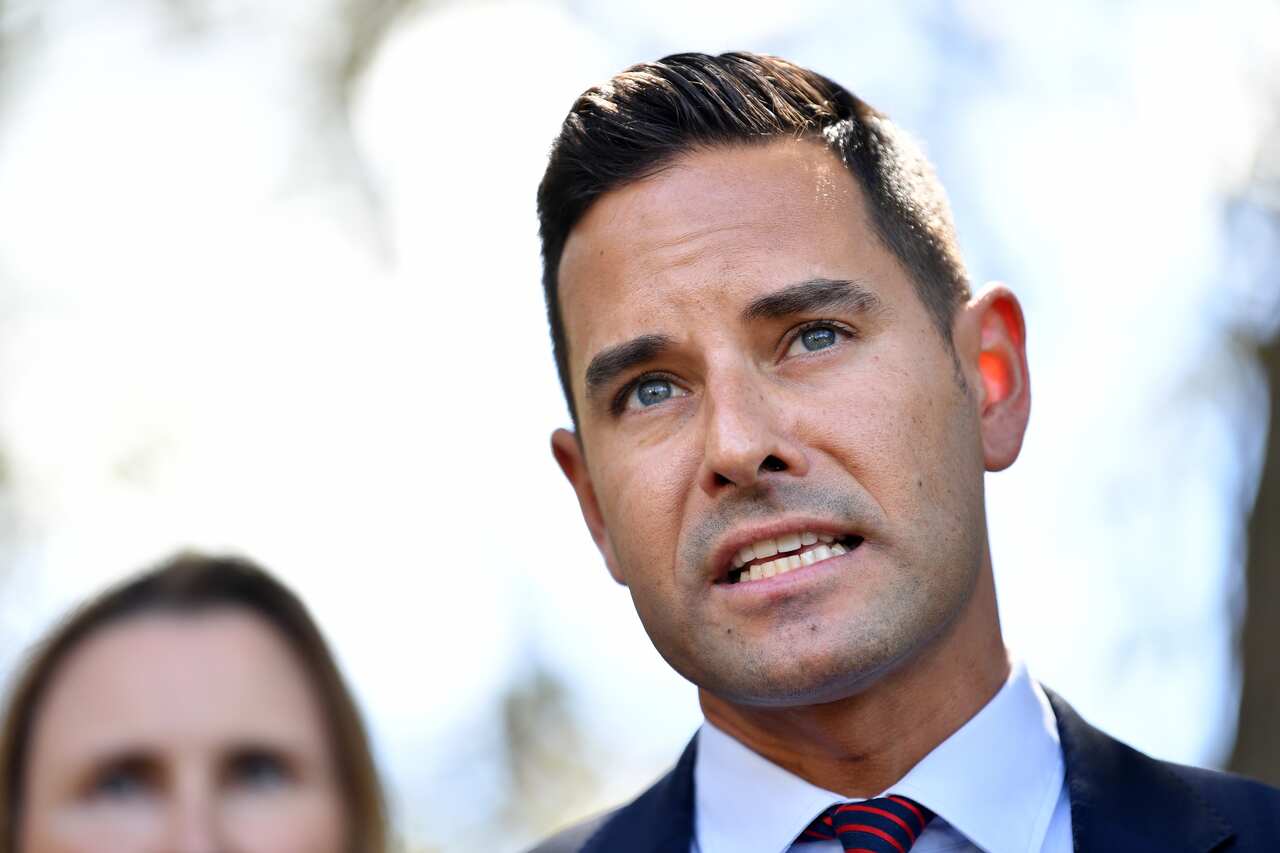 NSW Independent MP Alex Greenwich speaks to media during a press conference outside NSW Parliament House in Sydney.