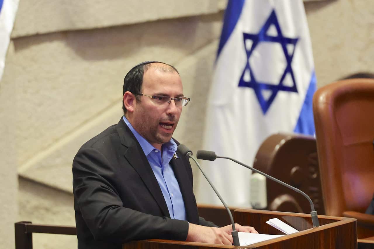 Simcha Rothman addresses the Knesset, or the Israeli parliament, during a plenary session
