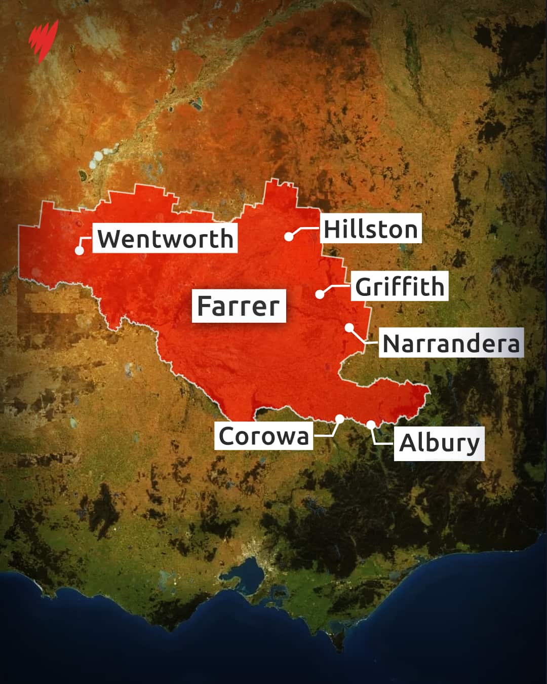 A map of different towns in the Farrer electorate