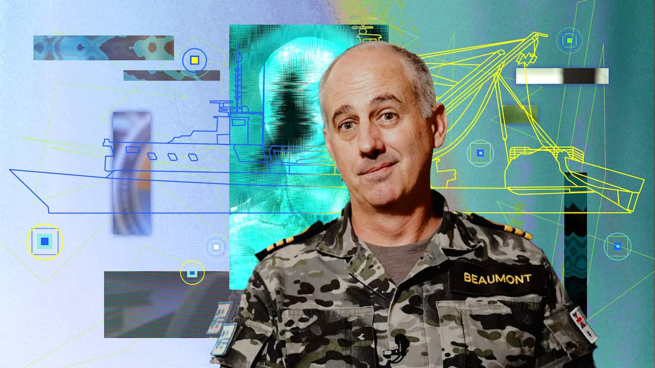 A man wearing an army uniform. A digitally created ship is in the background.