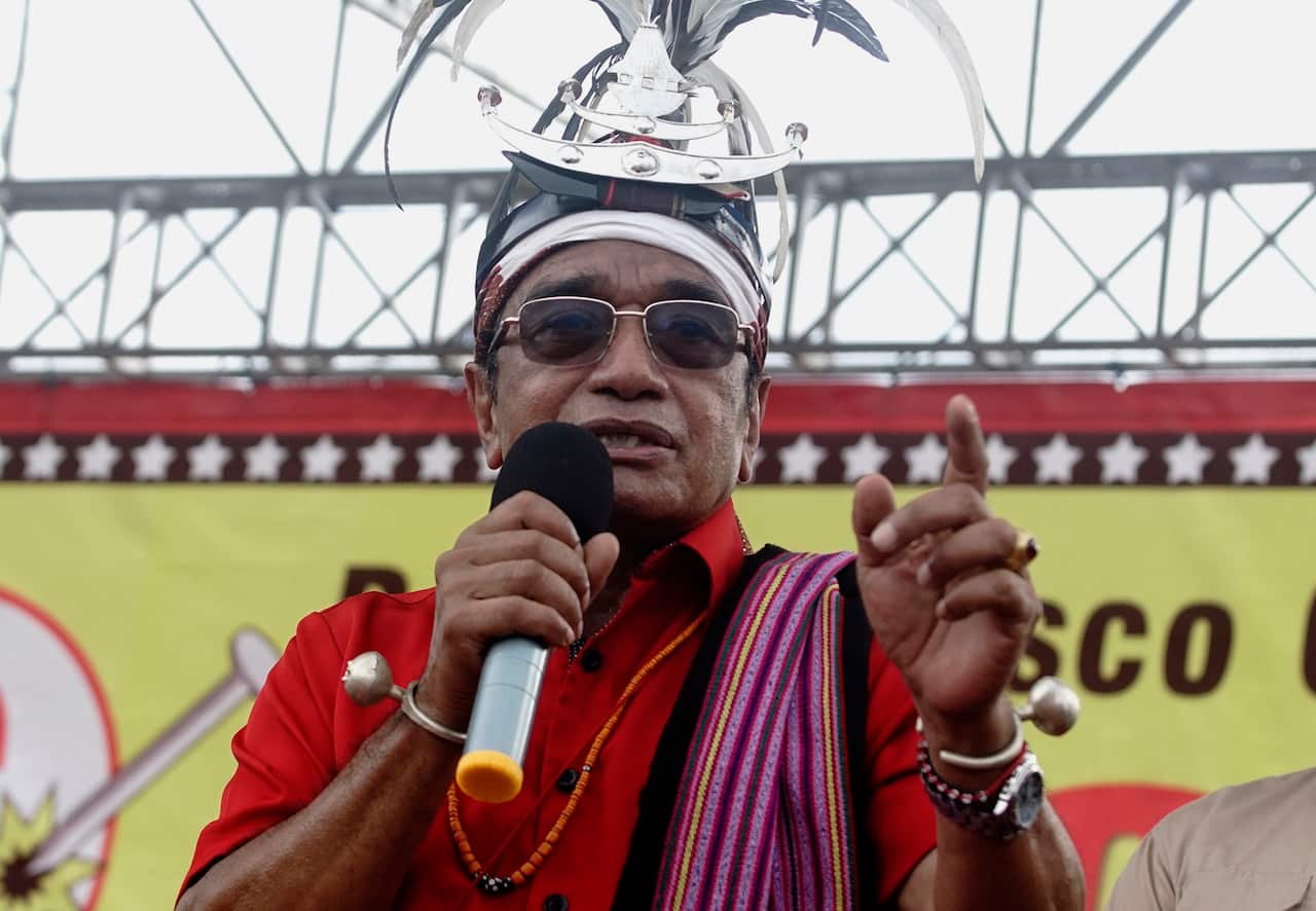 Incumbent President Francisco "Lu-Olo" Guterres, from the Fretilin Party, speaks to his supporters during a campaign rally of the presidential election in Dili, Timor-Leste, March 16, 2022.