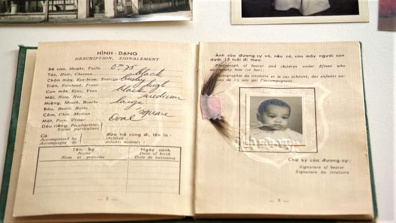 An open passport for a baby. On the left page is writing and on the right page is a picture of a baby and a lock of hair.