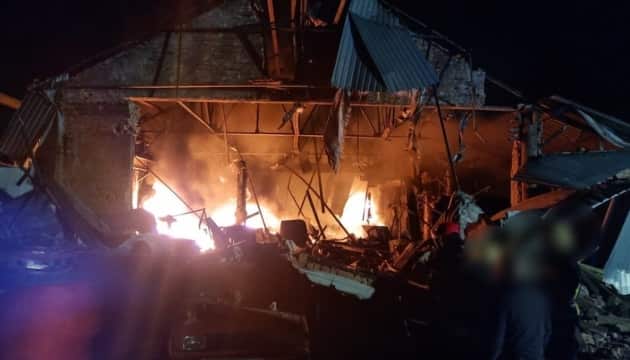 A warehouse of a civilian enterprise has been destroyed in Russia’s drone attack on the Kyiv region last night. The rest of its buildings and vehicles were damaged.jpg