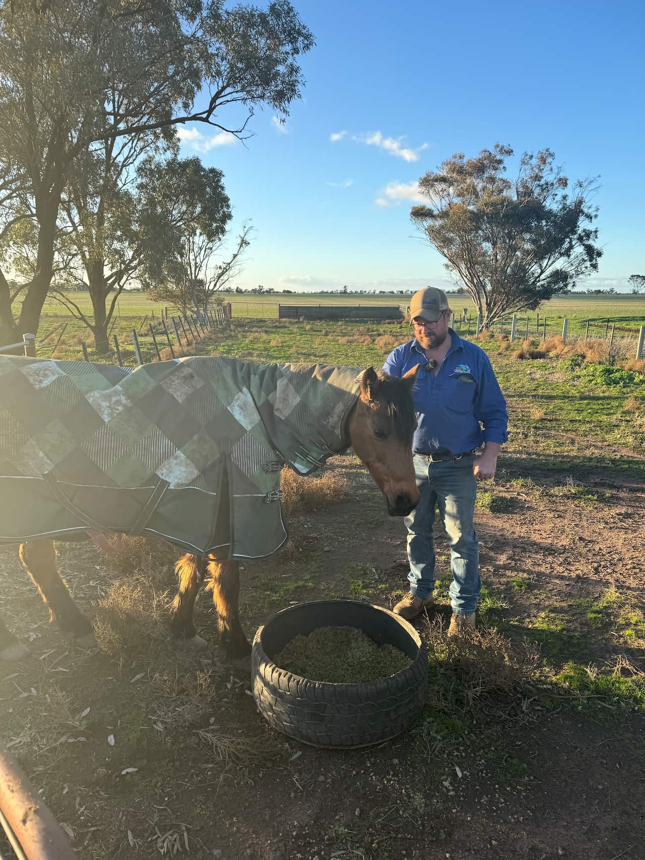 A man patting a horse in a blanket.