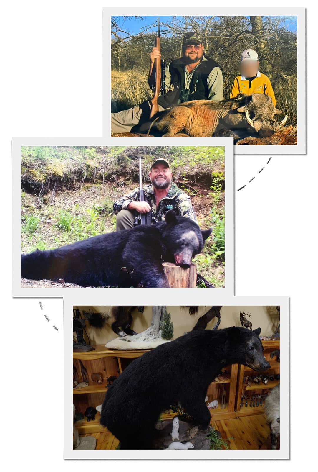 A collage of three images. One shows a man with a gun and a young boy posing with a dead warthog outside. Another shows a man with a gun and a dead bear outside. The third shows a stuffed bear inside.