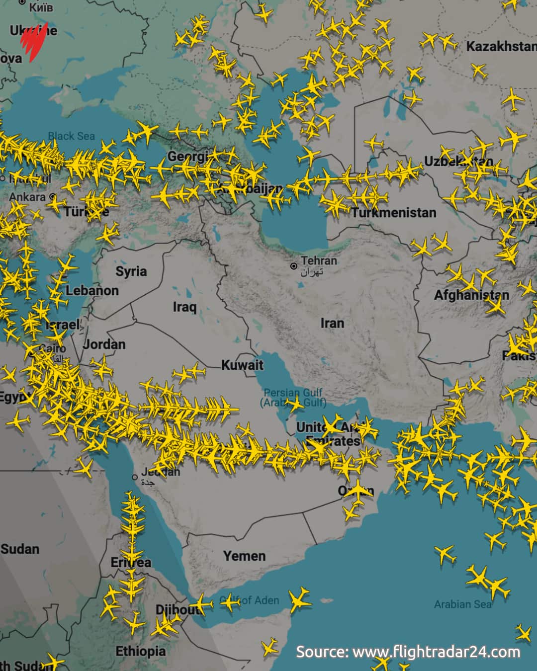 A map of Middle east showing yellow planes diverting around Syria, Iran, Iran, Lebanon.