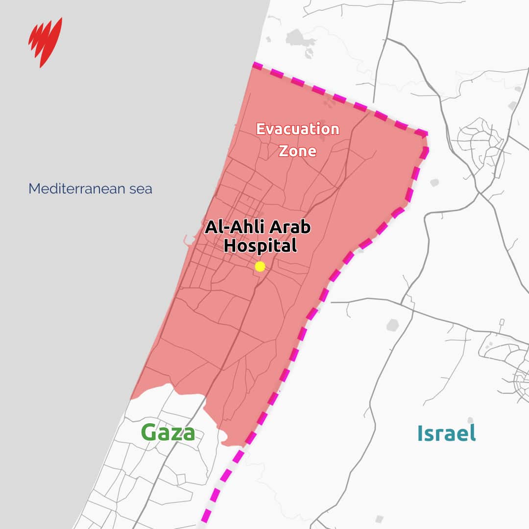A map showing Al-Ahli al-Arabi hospital, Gaza and Israel