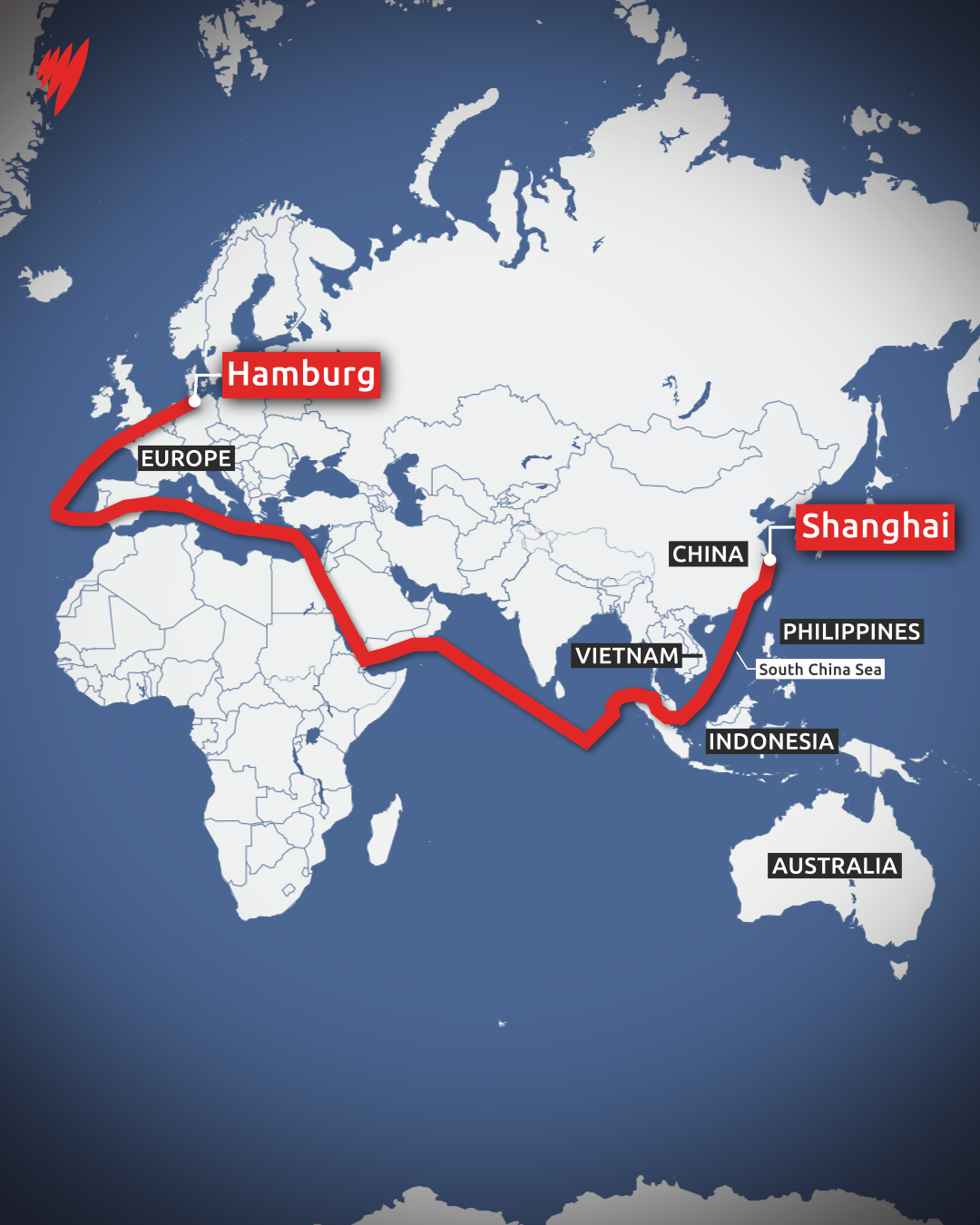 A map showing the shipping route between Europe and China through the South China Sea.