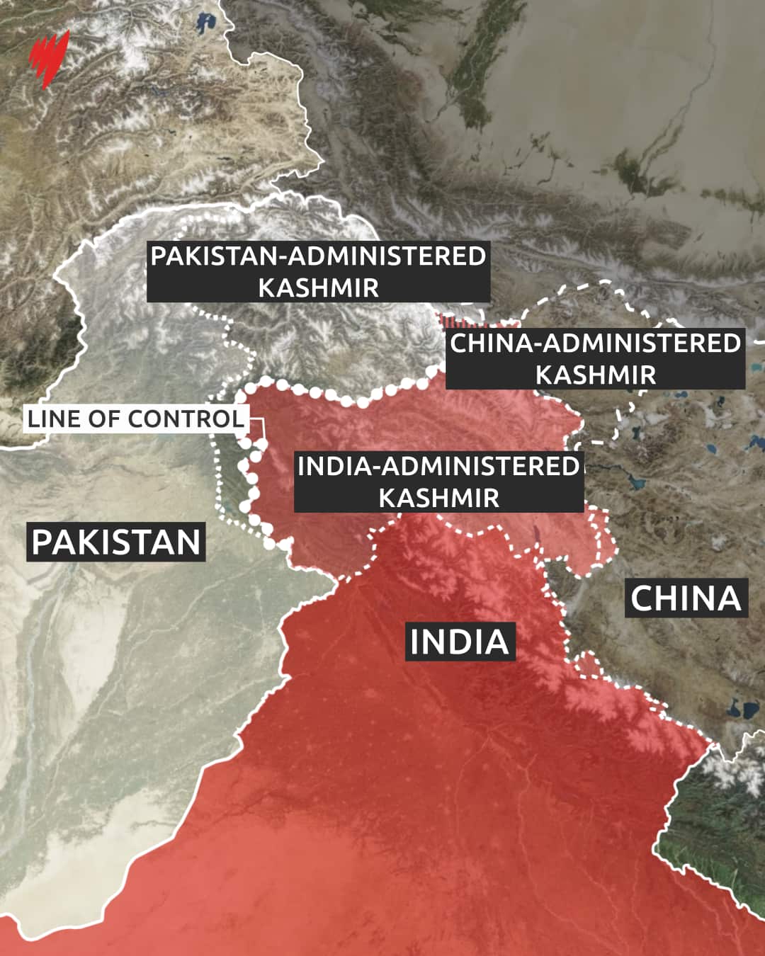 A graphic depicting a map of the disputed Kashmir region