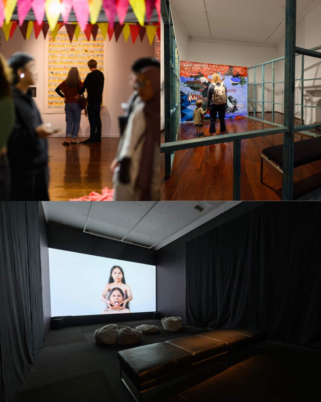 Works on display at Pasar Malam, an exhibition featuring 15 artists from Indonesia and Australia, including a still from a film work by Leyla Stevens, at Walyalup Fremantle Art Centre, Perth.