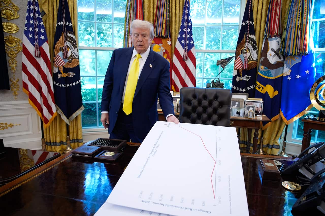 President Trump stands in his office surrounded by flags holding a white poster with economic graphs on his desk