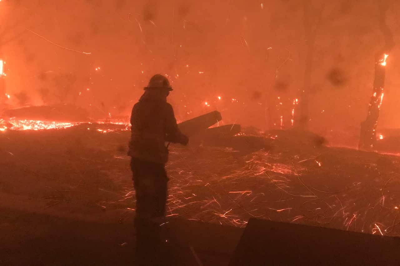 A fireman struggles in a burning forest area.