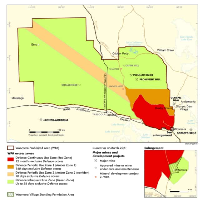 A Defence Force map showing the various testing areas in the Woomera Prohibited Area.