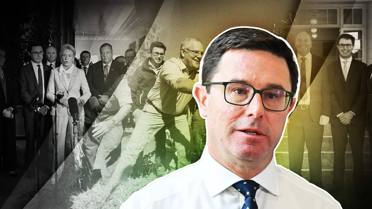 A stylised image of a middle-aged man wearing a white shirt and a blue tie, with old photos of him alongside other leaders in the background.