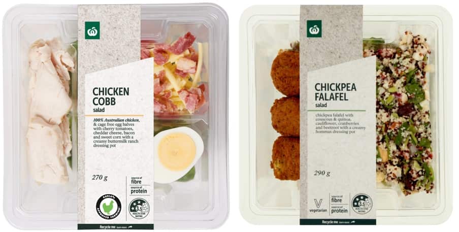 A Woolworths chicken cobb product and falafel salad item that have been recalled due to contamination concerns. 