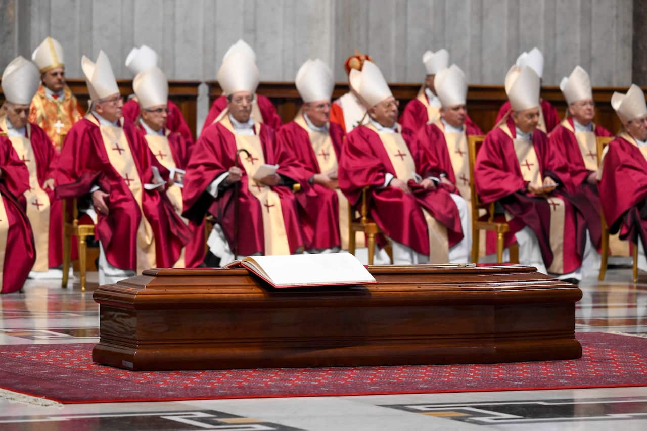 A group of cardinals and bishops during a funeral ceremony