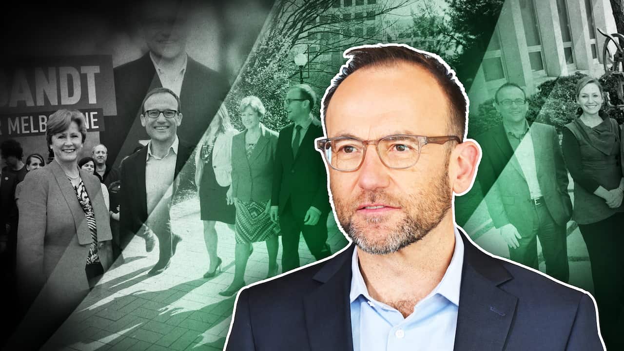 A stylised image of a middle-aged man in a blue suit and glasses, with black-and-white photos of him interacting and walking alongside a group of people in the background.