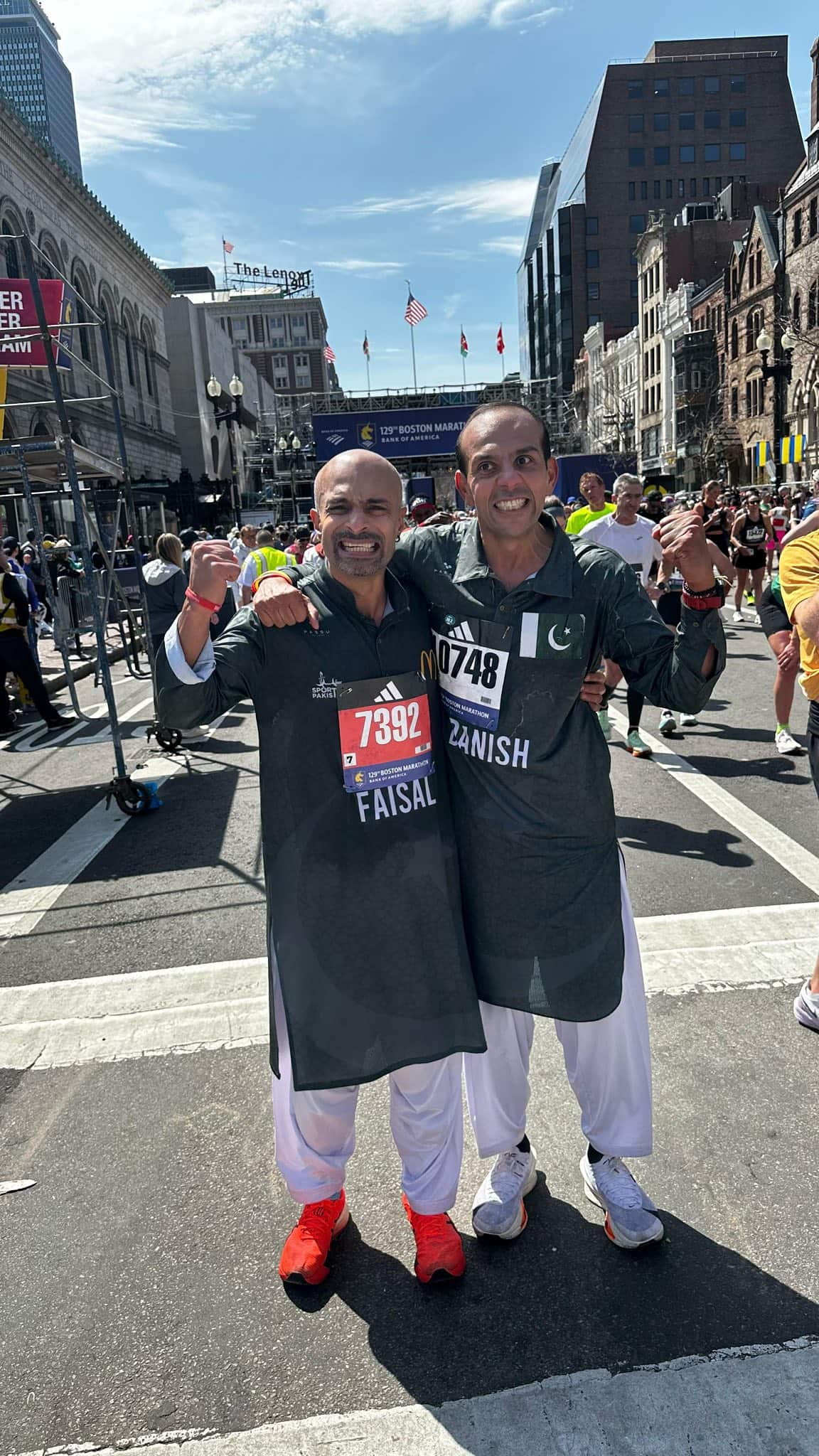 Pakistani runners Faisal Shafi and Danish Elahi made history at the 129th Boston Marathon by running in traditional attire.